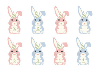 Cute rabbit in a cap. Pink, blue. Birthday card. 1 year, 2 years, 3 years, 4 years
