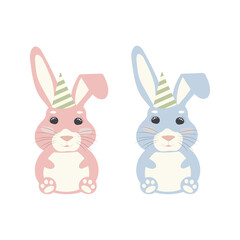 Cute rabbit in a cap. Pink, blue. Birthday card