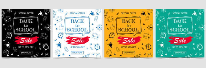 Back to school set of sale banners with black, white, yellow and green background, with school supplies and objects related to education and study process as backpack, pencil, globe, ruler and others.