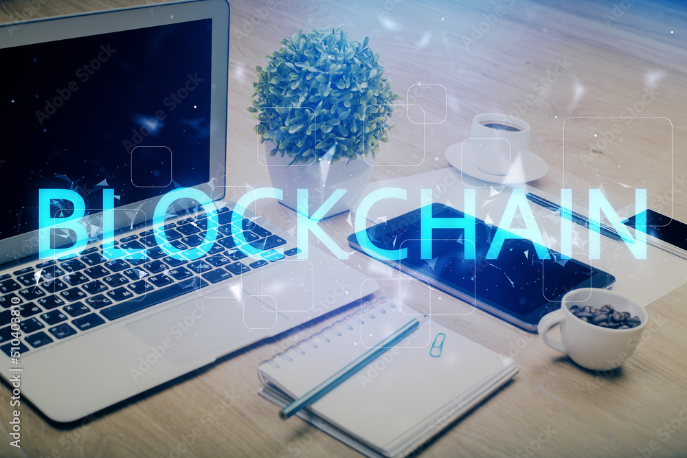 Poster Double exposure of blockchain and crypto economy theme hologram and table with computer background. Concept of bitcoin cryptocurrency.