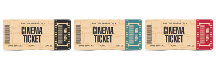 Set of cinema tickets with barcode and rounded corners, cinematographic film strip on beige background. Vector illustration in flat style of movie session access flyer or coupon. - obrazy, fototapety, plakaty