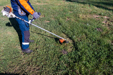 Gardening. Mowing grass in the garden with a weed trimmer, close-up.