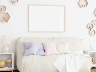 horizontal frame mockup in modern kids room interior, 3d render