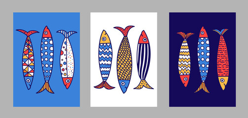 Poster with sardines. Cute set. Vector illustration - obrazy, fototapety, plakaty