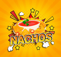 Nachos flyer on sunburst halftone background.Banner with delicious mexican nachos with tomato salsa sauce in pop art style.Template design,labels,menu,caffee,restaurant,advertise.Takeaway snack.Vector
