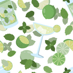 Summer cocktails with green mint leaves, lime on a white background. Summer seamless pattern.