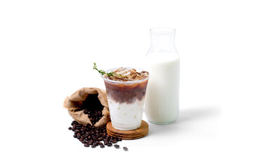 ice coffee latte with milk and coffee beans isolated on white background. coffee shop cafe menu concept.