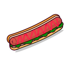 Fast food vector illustration of color hotdog with meat sausage, spicy hot ketchup sauce and vegetables so delicious in isolated white