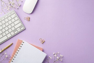 Business concept. Top view photo of workstation keyboard computer mouse notepads gold pen binder...