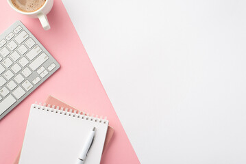 Business concept. Top view photo of workspace keyboard notepads pen and cup of coffee on bicolor...