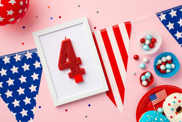 Obraz premium Fourth of July concept. Top view photo of photo frame with number 4 candle US national flag garland paper molds with candies glazed donuts balloons and confetti on isolated pastel pink background