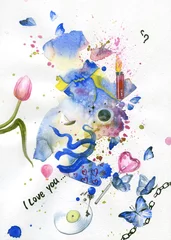 Tuinposter watercolor painting. love background. fantasy collage. illustration.  © Anna Ismagilova
