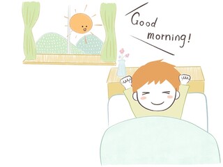 元気よく起床しニコニコ笑顔で伸びをする子ども