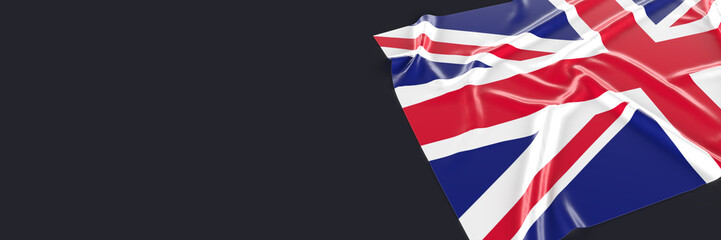 British Flag on black background, clipping path. Bright silky 3D rendered illustration. Close-up on waving country flag. United Kingdom National Symbol for web banner, media, ad. Easy edit copy space.