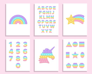 Playroom wall art set pop it fidget toy vector design with alphabet and numbers. Playroom poster preschool education printable banners in pastel popit style. Popit design as a trendy silicone toys.