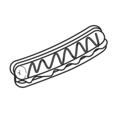 Fast food vector illustration of black outline hotdog with meat sausage, spicy hot ketchup sauce and vegetables so delicious in isolated white