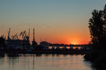 Fototapeta na wymiar Sunset in the port, cranes in the backlight.