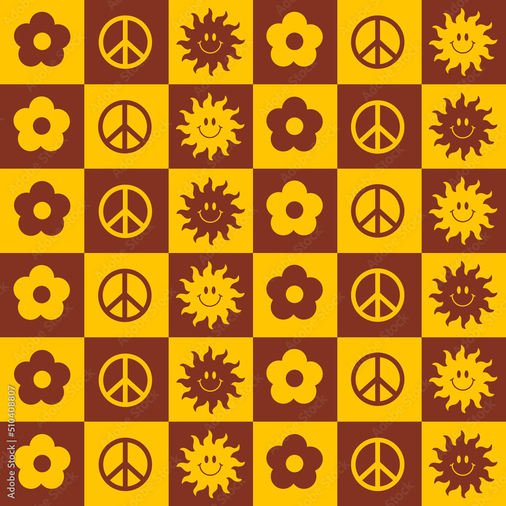 Poster retro square seamless pattern with hippie elements and symbols on checkerboard. vector colorful illu