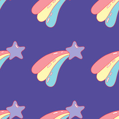 Star with a tail on seamless pattern with purpke background. Vector cartoon illustration from y2k