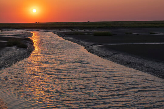 View of the Langwarder Groden/Germany at the North Sea with a fantastic sunset
