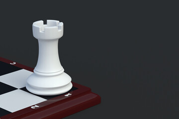 Chess figure rook on chess board on black background. Table games. International tournament. Hobby and leisure. Copy space. 3d render