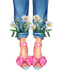 Girl legs close up. Pink shoes and daisies flowers. Hand drawn fashion illustration