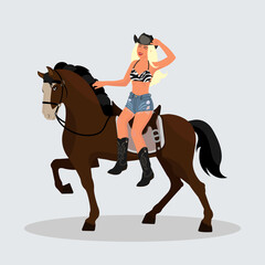 Cowboy girl blonde. Vector art of American woman with a hat on a horse . Wild west style. Hand drawn cartoon character.