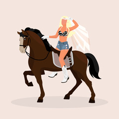 Cowboy bride blonde. Girl with veil and boots on a horse.