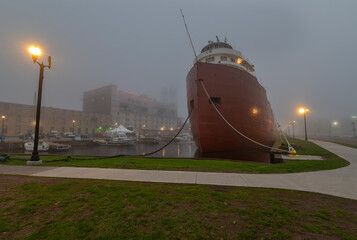 Foggy morning with a ship in the Duluth Harbor