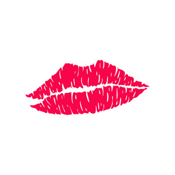 Red mark kisses lipstik pink mouth. Hand drawn shape beauty sexy silhouette isolated on white background. Vector icon