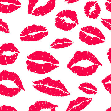 Kiss mark seamless pattern in red and pink colors. Lips prints silhouette. Stamp makeup printfrom mouth. Vector illustration