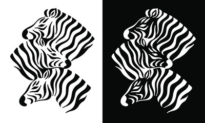 Pattern with zebra head. Wallpaper animal print skins and Zebra silhouette on white and black background. African, print animal. Vector illustration. Can be used for T-shirt printing.