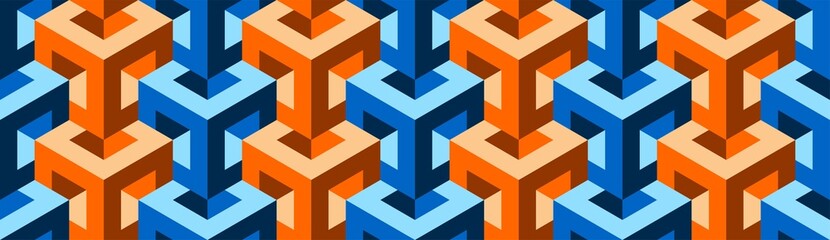 Obraz premium Cubes. Seamless vector geometric colorful 3D pattern. Intertwining. Optical illusions. Op Art. Endless template for fabric, wrapping, poster, cover. Modern textile. Artistic background. 3D Tiles