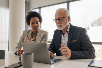 Female executive discussing with senior partner over laptop at office