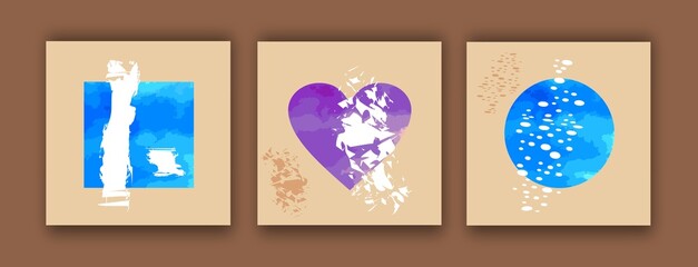  A set of three abstractions on a gray background: a blue watercolor square with brush strokes on top, a purple watercolor heart and a watercolor circle. Panel art.