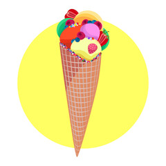 Ice cream with fruits in balls in a waffle cup. Ice cream vector illustration, sweetness, cool summer food