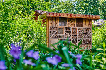 View to an insect hotel made of different materials to offer a retreat for many species. The text...