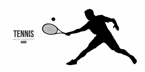 Abstract silhouette of a tennis player on white background. Tennis player man with racket hits the ball. Vector illustration