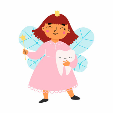 Cute tooth fairy with a tooth. Vector illustration