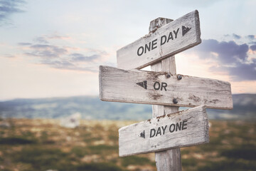 one day or day one text quote caption on wooden signpost outdoors in nature. Stock sign words theme.