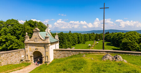 Swiety Krzyz, Poland - June 5, 2022: Lysa Gora, Swiety Krzyz mount hilltop with gate to medieval...