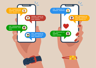 Hand holds smartphone sms speech bubbles push alerts on screen, digital or electronic chatting on cellphone. Online chat messages text notification on mobile phone. Vector illustration in flat style.