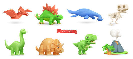 Dinosaurs 3d vector icon set. Pterodactyl, stegosaurus, plesiosaurus, dinosaur skeleton, brachiosaurus, triceratops, tyrannosaurus and volcano icon. Cartoon characters