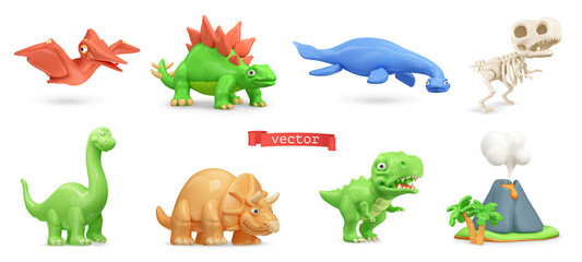 Dinosaurs 3d vector icon set. Pterodactyl, stegosaurus, plesiosaurus, dinosaur skeleton, brachiosaurus, triceratops, tyrannosaurus and volcano icon. Cartoon characters © Natis
