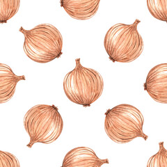 Watercolor brown onion seamless pattern on white background