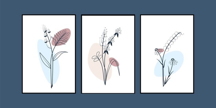 Set of three minimal flowers wall art. Tropical flowers wall decoration. Aesthetic and artistic wall decor. Bohemian style poster print.