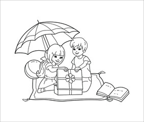 Black and white contoured cartoon children open gifts sitting on the beach under an umbrella. Children's coloring page.