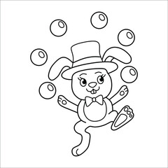 Obraz na płótnie Canvas Black and white contoured cartoon character hare in a juggler hat. Children's coloring page.
