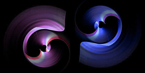 Purple and blue striped abstract propellers elements are curved and rotate on a black background. Set. Icon, logo, sign, symbol. 3d illustration. 3d rendering.