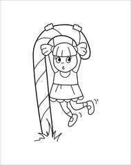 Black and white contoured cartoon girl swinging on a pretzel. Children's coloring page.